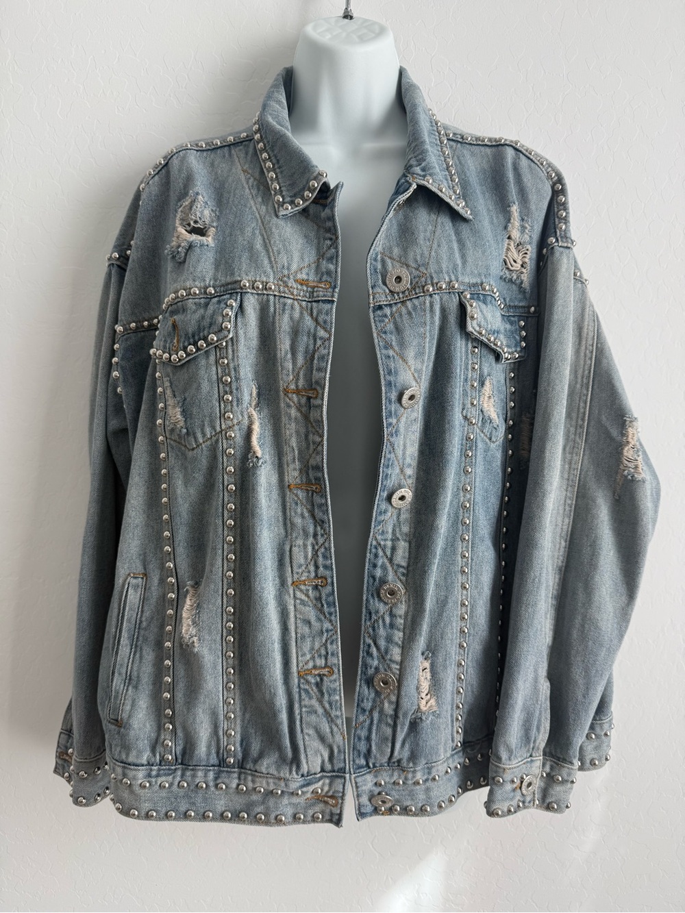 Vici Light Blue Studded Distressed Denim Jacket